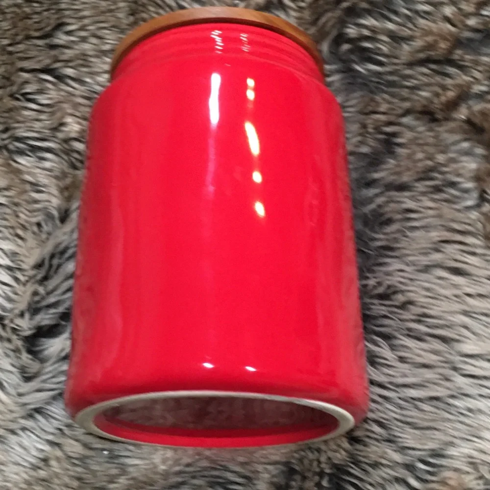 Rae Dunn red DECK THE PAWS canister wood lid Large NWT